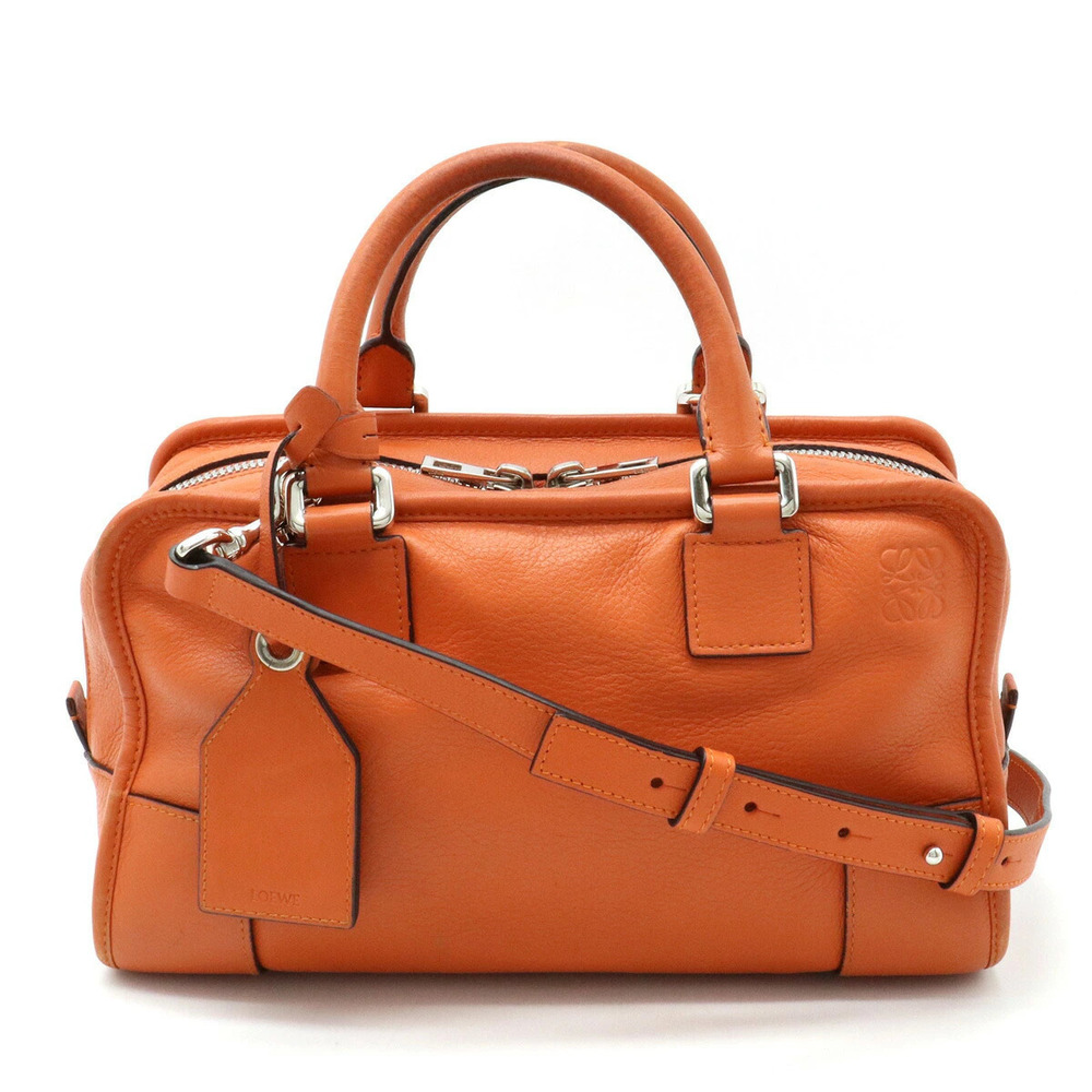 Loewe Amazona Anagram Handbag Boston Shoulder Bag Leather Orange